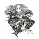 a river winding through the middle of a vallety, past a tree & campfire on the riverbank and ending in a waterfall tattoo design idea