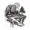 a river winding through the middle of a vallety, past a tree & campfire on the riverbank and ending in a waterfall tattoo design idea