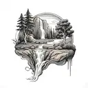 a river winding through the middle of a vallety, past a tree & campfire on the riverbank and ending in a waterfall tattoo design idea
