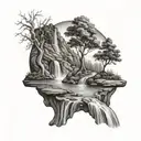 a river winding through the middle of a vallety, past a tree & campfire on the riverbank and ending in a waterfall tattoo design idea