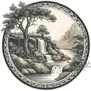 a river winds through low mountain knobs, past a berry bush and ends in a waterfall, breaking through and flowing out tattoo design idea