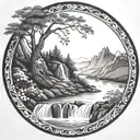 a river winds through low mountain knobs, past a berry bush and ends in a waterfall, breaking through and flowing out tattoo design idea