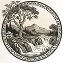 a river winds through low mountain knobs, past a berry bush and ends in a waterfall, breaking through and flowing out tattoo design idea