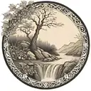 a river winds through low mountain knobs, past a berry bush and ends in a waterfall, breaking through and flowing out tattoo design idea