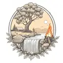 a rowan berry tree and a campfire beside a river waterfalling down the front tattoo design idea