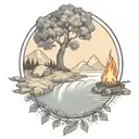 a rowan berry tree and a campfire beside a river waterfalling down the front tattoo design idea