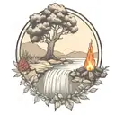 a rowan berry tree and a campfire beside a river waterfalling down the front tattoo design idea