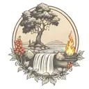 a rowan berry tree and a campfire beside a river waterfalling down the front tattoo design idea