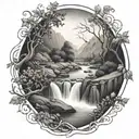 a winding river flows through a valley past a berry bush and ends in a waterfall through the bottom tattoo design idea
