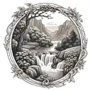 a winding river flows through a valley past a berry bush and ends in a waterfall through the bottom tattoo design idea