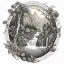 a winding river flows through a valley past a berry bush and ends in a waterfall through the bottom tattoo design idea