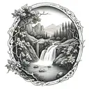 a winding river flows through a valley past a berry bush and ends in a waterfall through the bottom tattoo design idea