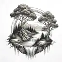 A river with a tree on one side and a fire on the other waterfalls down tattoo design idea