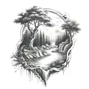 A river with a tree on one side and a fire on the other waterfalls down tattoo design idea