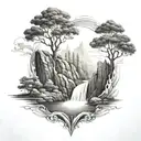 A river with a tree on one side and a fire on the other waterfalls down tattoo design idea