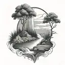 A river with a tree on one side and a fire on the other waterfalls down tattoo design idea