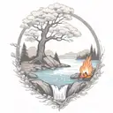 A River With A campfire and a rowan tree on either side of It Waterfalls Down The Front tattoo design idea