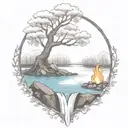 A River With A campfire and a rowan tree on either side of It Waterfalls Down The Front tattoo design idea