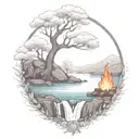 A River With A campfire and a rowan tree on either side of It Waterfalls Down The Front tattoo design idea