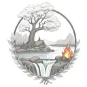 A River With A campfire and a rowan tree on either side of It Waterfalls Down The Front tattoo design idea