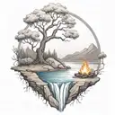 A River With A campfire and an olive tree Beside It Waterfalls Down The Front tattoo design idea