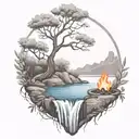 A River With A campfire and an olive tree Beside It Waterfalls Down The Front tattoo design idea