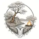 A River With A campfire and an olive tree Beside It Waterfalls Down The Front tattoo design idea