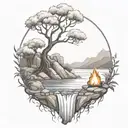 A River With A campfire and an olive tree Beside It Waterfalls Down The Front tattoo design idea