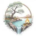 a rowan berry tree and a campfire beside a river waterfalling down the front tattoo design idea