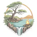 a rowan berry tree and a campfire beside a river waterfalling down the front tattoo design idea