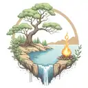 a rowan berry tree and a campfire beside a river waterfalling down the front tattoo design idea