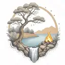 a rowan berry tree and a campfire beside a river waterfalling down the front tattoo design idea