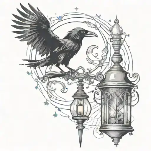 mystical tattoo with the raven, old street lamp, witches knot, tartot card with the moon, and potion bottle.... tattoo design idea