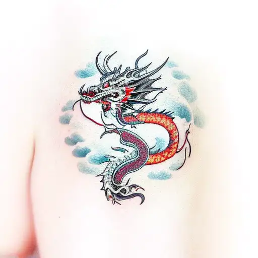 Korean style dragon on arm with tree as background  tattoo design idea