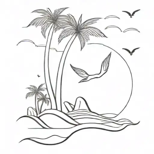 sea, mermaid tail, palm trees, sunset, birds flying tattoo design idea