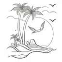 sea, mermaid tail, palm trees, sunset, birds flying tattoo design idea