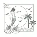 sea, mermaid tail, palm trees, sunset, birds flying tattoo design idea