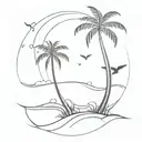 sea, mermaid tail, palm trees, sunset, birds flying tattoo design idea