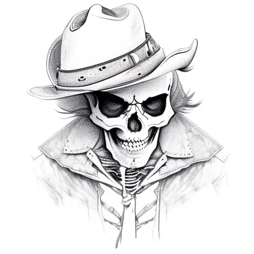 skeleton wearing tattered clothes and cowboy hat riding a horse tattoo design idea