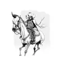 skeleton wearing tattered clothes and cowboy hat riding a horse tattoo design idea