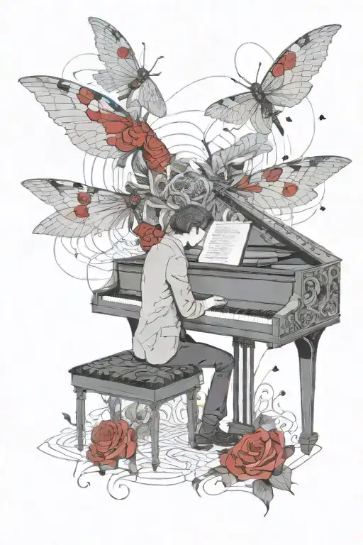 Man sitting at a piano keyboard intertwined surrounded by dragon flies, one red rose, one quill, and commets with faces tattoo design idea