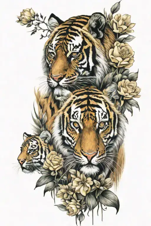 tiger and 3 cubs and flowers tattoo design idea
