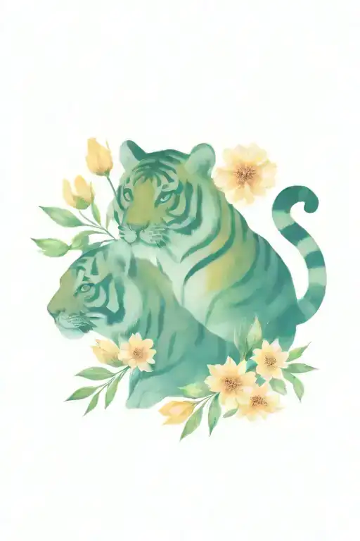 tiger 3 cubs flowers tattoo design idea