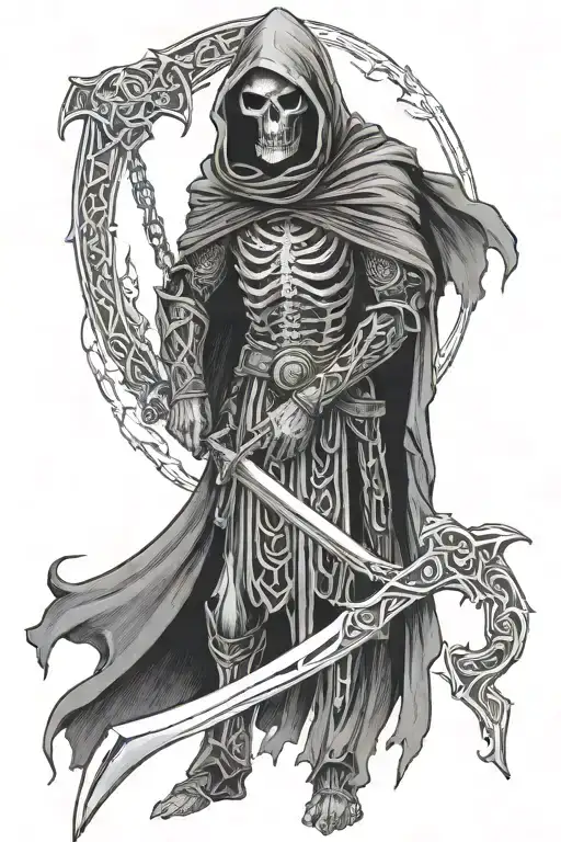 grim reaper wearing celtic armor with chain wrapping around  tattoo design idea