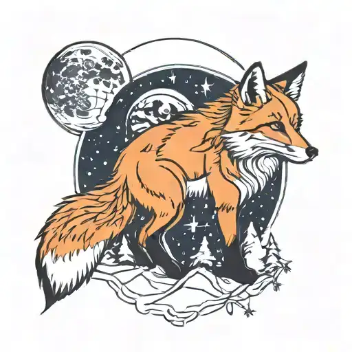 fox moon phases mountains tattoo design idea