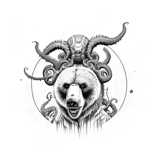  grizzly bear, spider eyes, ram horns, octopus tentacles, trenchcoat, holding gun  tattoo design idea