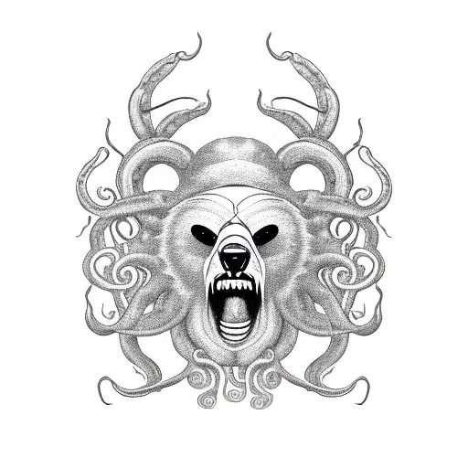  grizzly bear, spider eyes, ram horns, octopus tentacles, trenchcoat, holding gun  tattoo design idea
