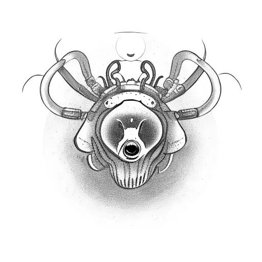 bear with ram horns and spider eyes on a squid body in a suit tattoo design idea
