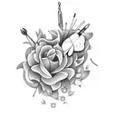 A needle and thread weaving through a field of flowers and butterflies tattoo design idea