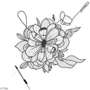 A needle and thread weaving through a field of flowers and butterflies tattoo design idea